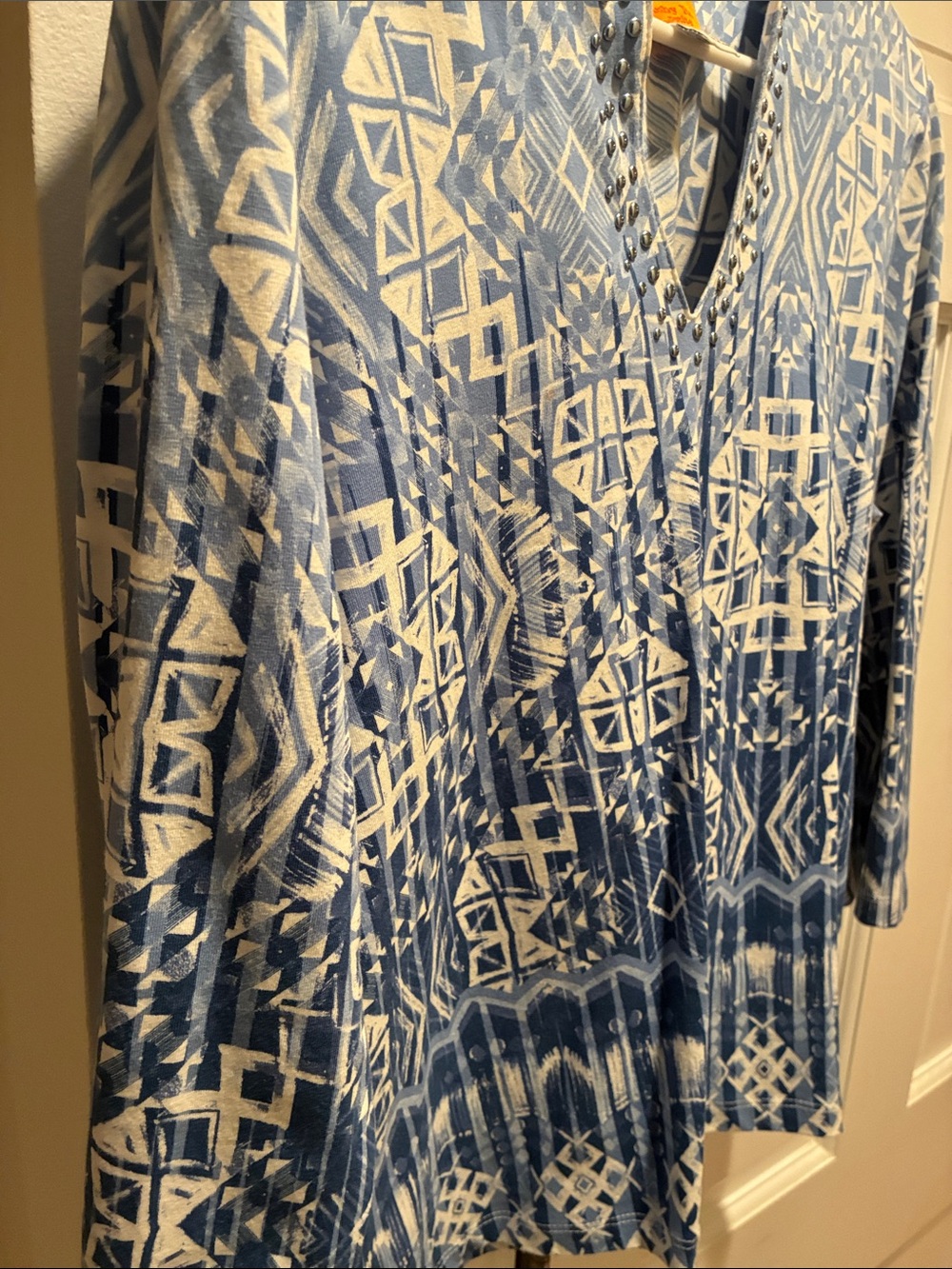 Ruby Rd. Blue & White Geometric V-Neck Studded Tunic - Picture 4 of 7